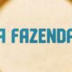 Logotipo azul de A Fazenda com letras texturizadas, centralizado em círculo bege com borda laranja