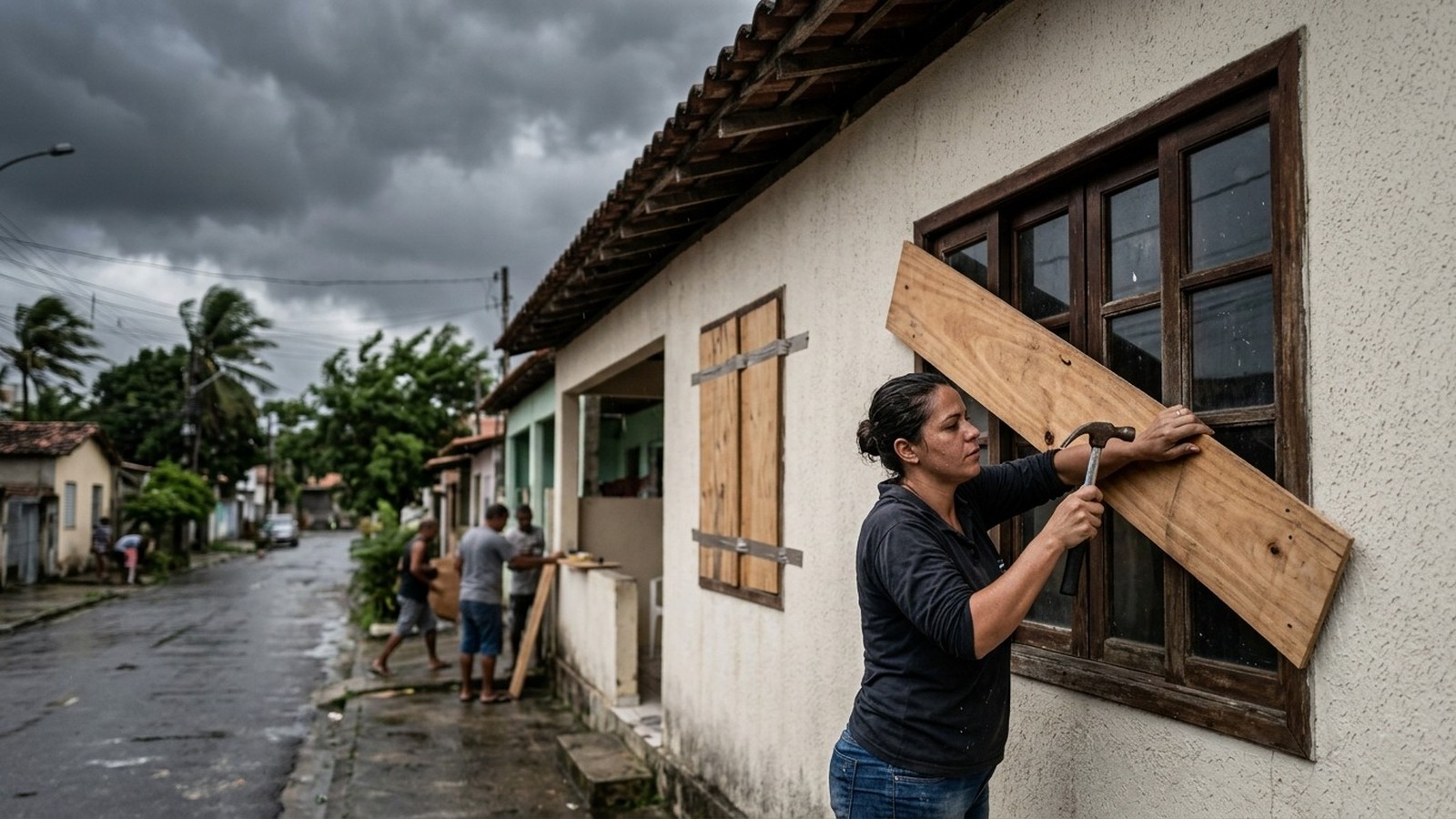 Mulher de camiseta escura martela tábua de madeira em janela sob céu cinza e rua molhada