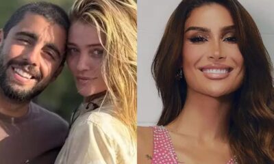 Montagem de Pedro Scooby e Cintia Dicker à esquerda, Bianca Andrade à direita, todos sorrindo