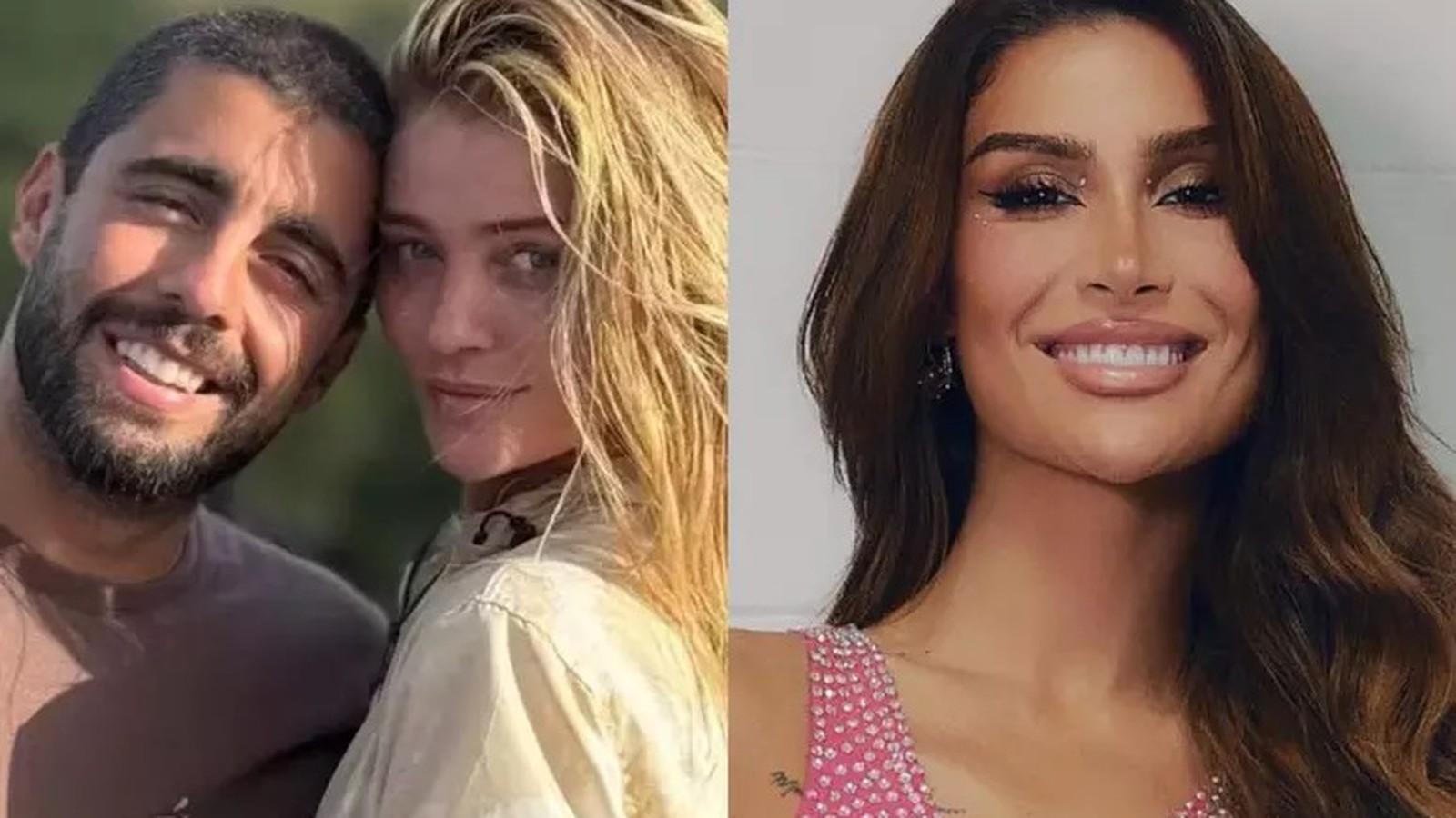 Montagem de Pedro Scooby e Cintia Dicker à esquerda, Bianca Andrade à direita, todos sorrindo
