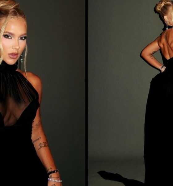 Mulher loira em vestido preto de gala, com top transparente, posa de frente e de costas