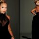 Mulher loira em vestido preto de gala, com top transparente, posa de frente e de costas