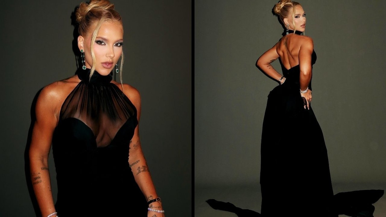 Mulher loira em vestido preto de gala, com top transparente, posa de frente e de costas