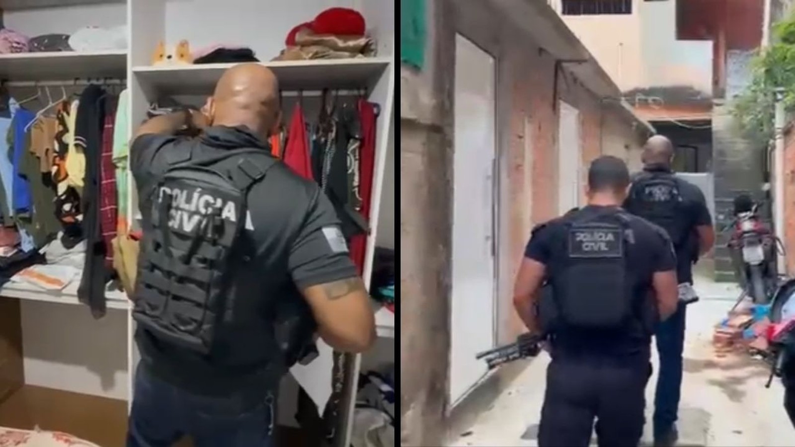 Policiais civis com coletes 'POLÍCIA CIVIL' em duas cenas: um revista armário, outros dois patrulham beco com arma.
