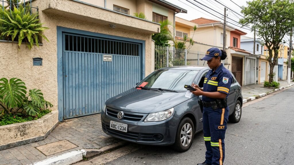 Morador estaciona em frente à própria garagem para facilitar a rotina do dia a dia, mas uma regra de trânsito acaba gerando discussão e multa inesperada