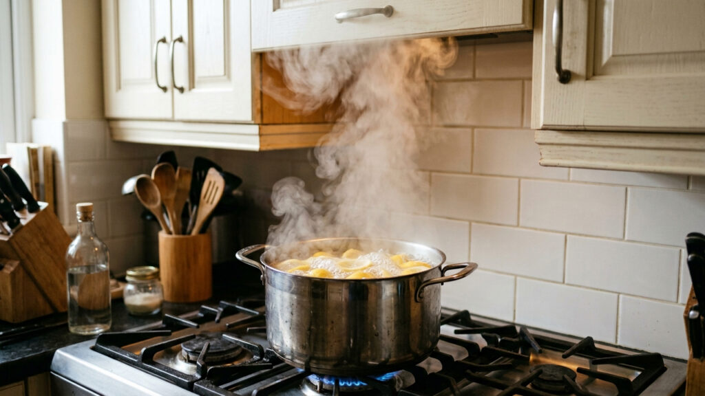 Ferver água com vinagre e rodelas de limão destampada: o vapor potente que dissolve a gordura dos armários altos da cozinha sem esfregar