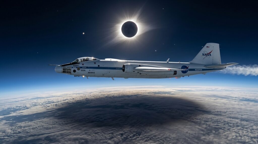 A NASA usa jatos que chegam a 740 km/h para acompanhar a sombra da Lua durante eclipses solares e conseguir mais tempo para observar o Sol e sua atmosfera