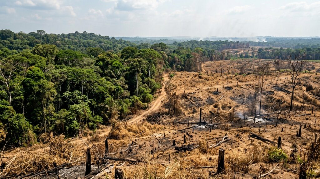 Quase metade da Amazônia pode enfrentar mudanças profundas até 2050, e cientistas alertam para o efeito combinado de seca, calor e desmatamentoPaisagem florestal tropical sob risco de degradação ambiental e perda de vegetação nativa. - Imagem ilustrativa criada por inteligência artificial.