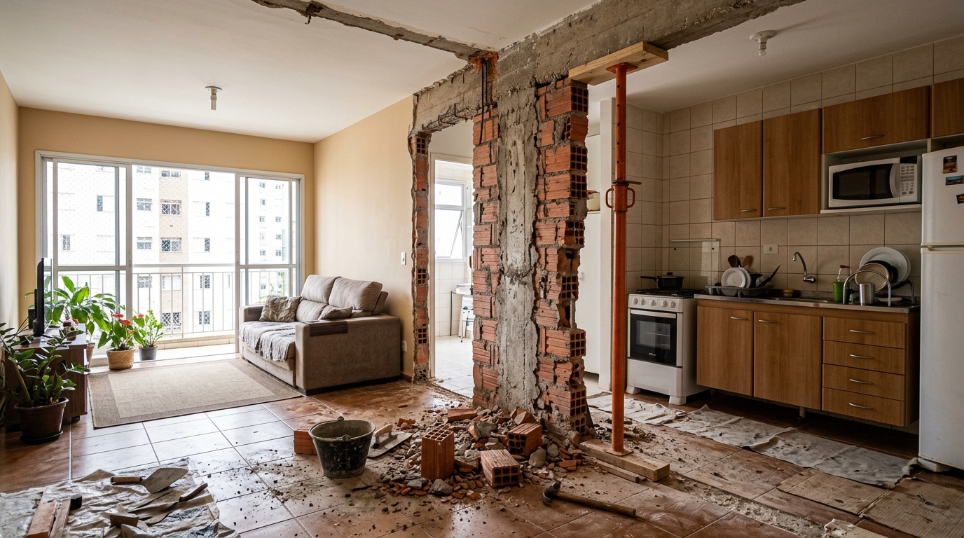 Mulher reforma o apartamento, derruba uma parede para integrar a sala com a cozinha e durante a obra descobre que colocou todo o prédio em perigo: aquela divisória era estrutural e sustentava o andar de cima