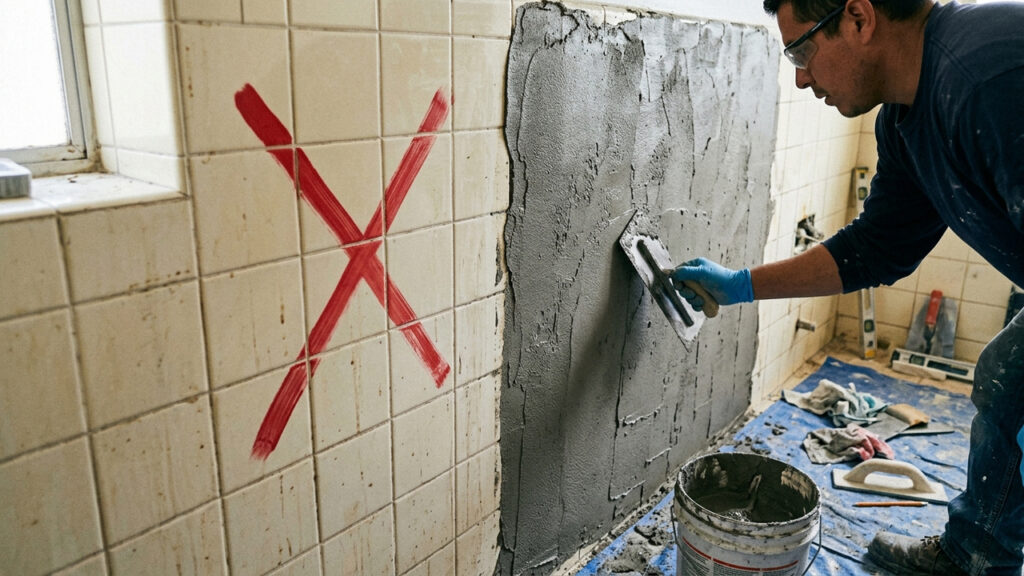 Adeus quebra-quebra no banheiro: a técnica simples com massa acrílica sobre o azulejo antigo que imita cimento queimado em um final de semana