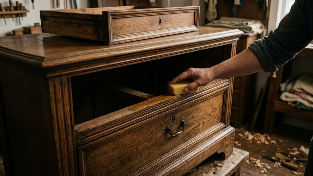 Esfregar sabão em barra com cera de abelha nos trilhos: a pasta simples para amaciar gavetas antigas de madeira que estão emperradas e duras
