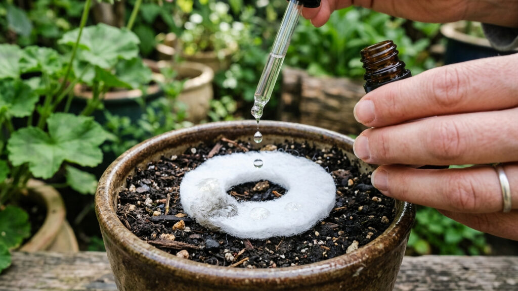 Anel de manta acrílica com essência de citronela no vaso: o truque simples para barrar a entrada do mosquito-do-fungo na terra das plantas