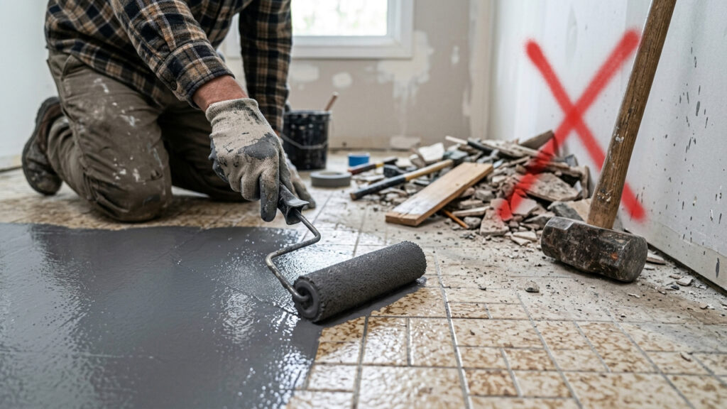 Adeus reformas caras no piso: aplicar tinta epóxi à base de água direto na cerâmica antiga renova a cor do chão sem gerar quebra-quebra