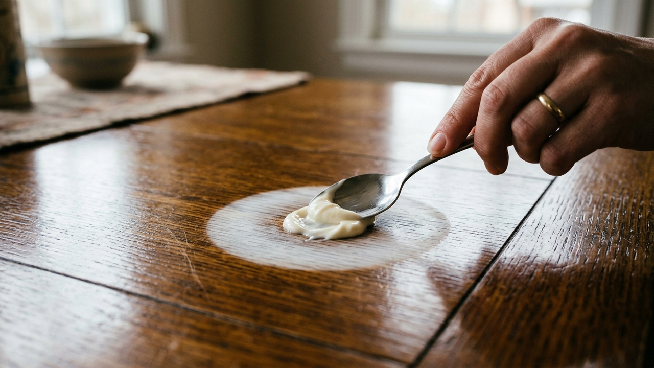 Passar maionese nas manchas brancas de copo quente: como a gordura natural age penetrando no verniz da mesa de madeira para limpar em 20 minutos