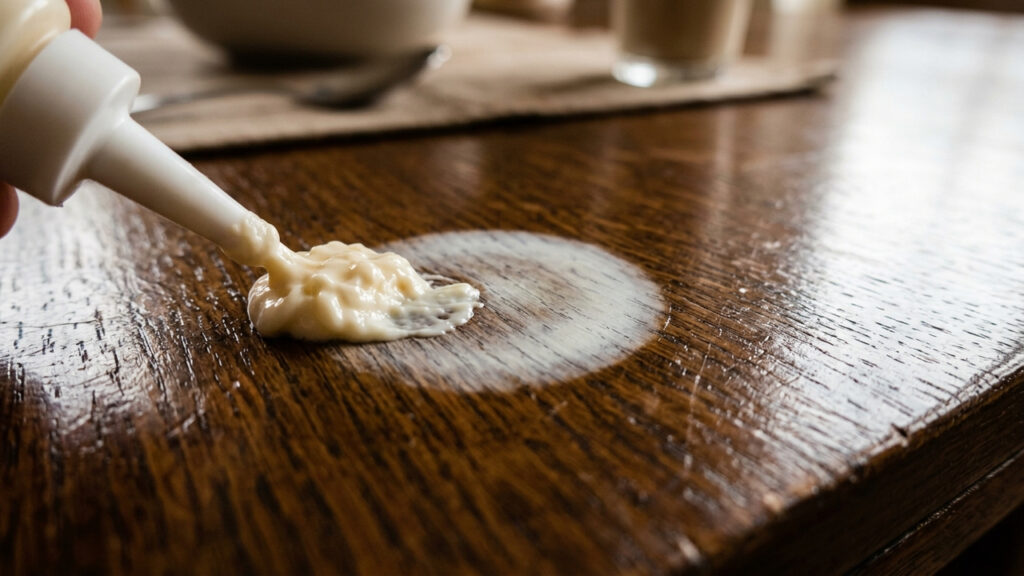 Passar maionese nas manchas brancas de copo quente: como a gordura natural age penetrando no verniz da mesa de madeira para limpar em 20 minutos