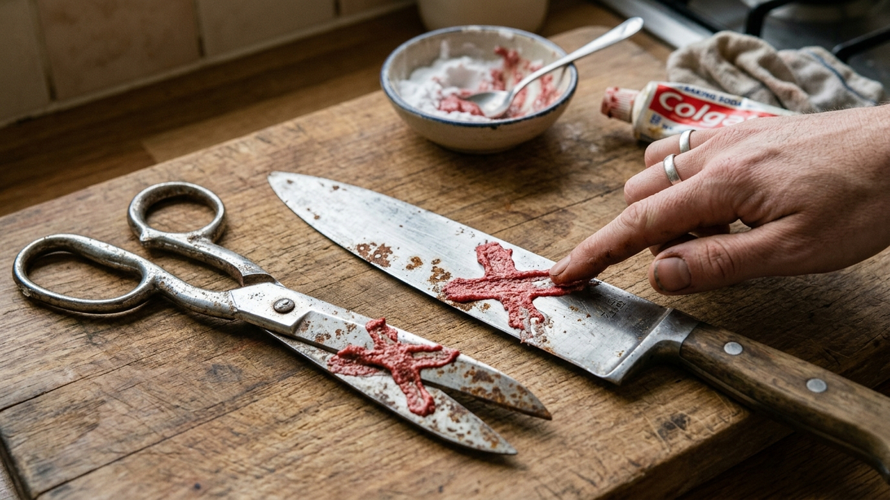 Esfregar pasta de dente com bicarbonato nas lâminas: a mistura abrasiva suave que remove pontos de ferrugem leve de facas e tesouras em minutos