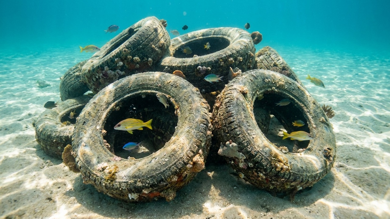 Em 1978, pneus preenchidos com concreto foram lançados no oceano e, 40 anos depois, as estruturas viraram habitat para peixes, lagostas e outras espécies marinhas