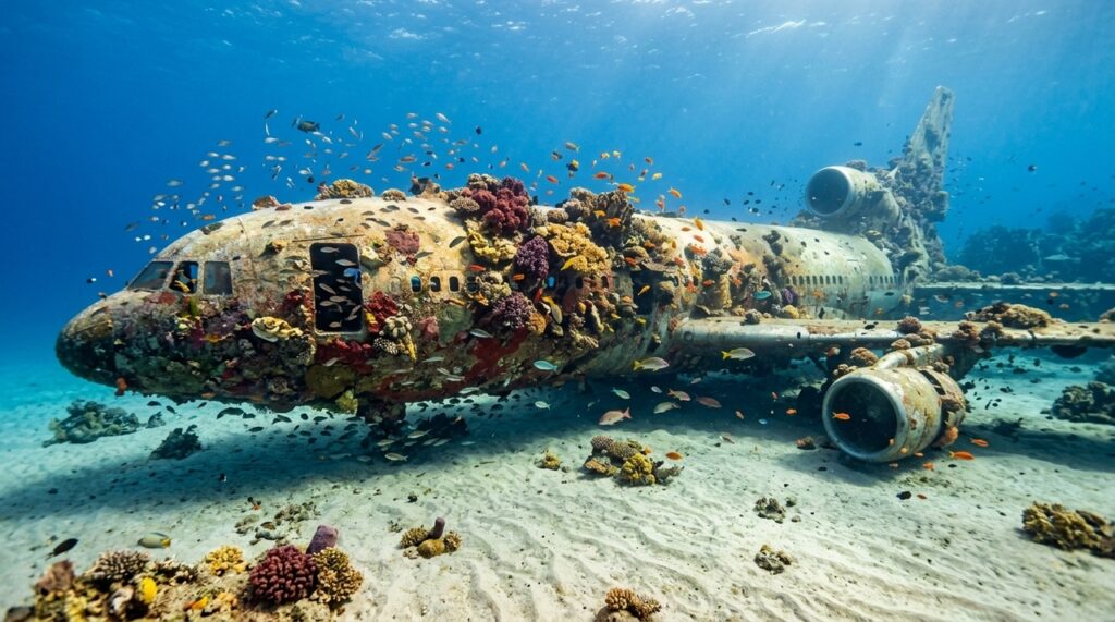Avião antigo é afundado de propósito no mar e, alguns anos depois, sua estrutura vira abrigo para corais, polvos, esponjas e muitos peixes