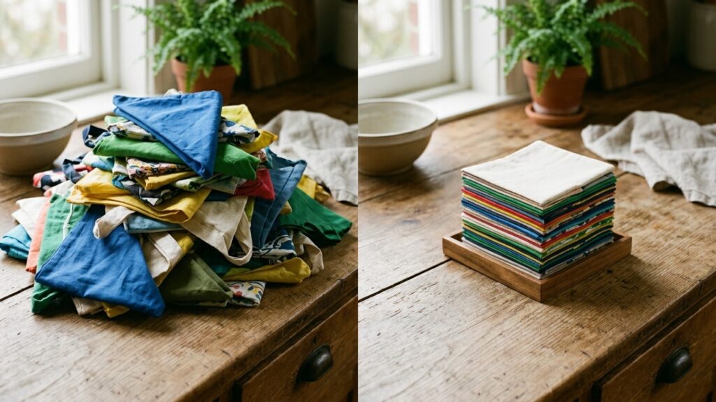 Chega de dobrar sacolas plásticas em triângulo: este jeito de formar um pequeno quadrado ocupa menos espaço e deixa a gaveta muito mais organizada