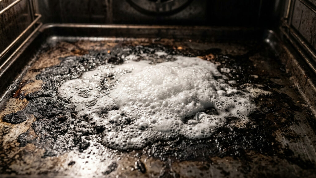 Misturar fermento em pó com vinagre de álcool: para que serve a reação efervescente que solta a gordura queimada do fundo do forno sem esforço