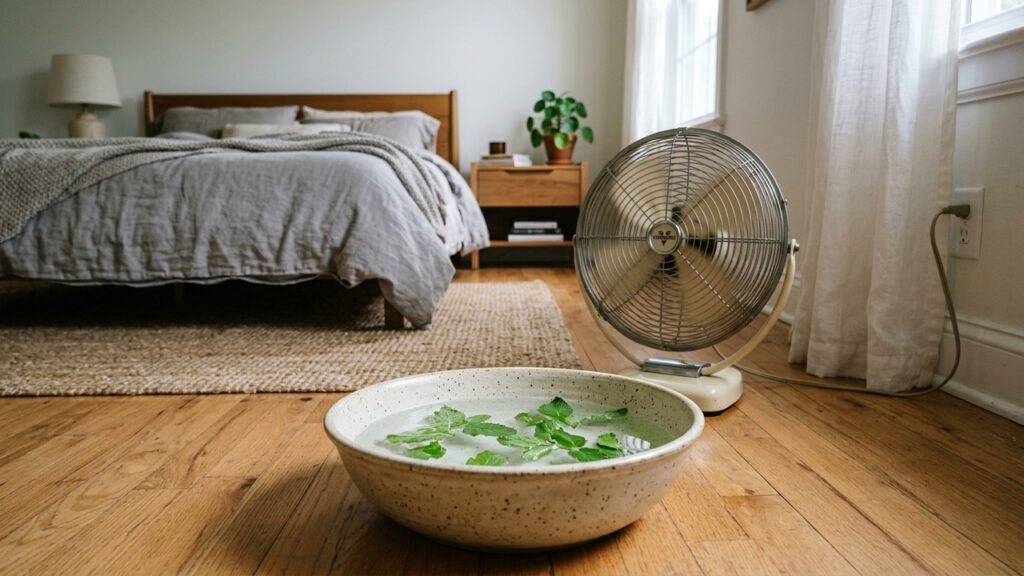 Colocar bacia com água e hortelã em frente ao ventilador: o truque simples que espalha frescor aromatizado e umidifica o quarto em noites quentes