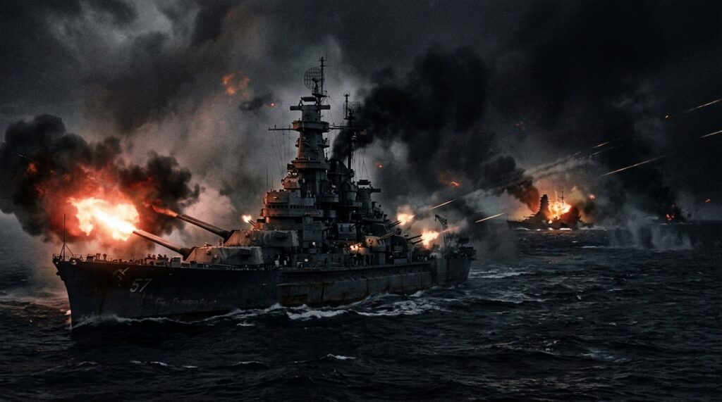 O South Dakota realizou dois ou três salvos contra um navio japonês antes de concentrar o fogo no Kirishima, contra o qual disparou cinco salvos até perder o controle dos sistemas de direção de tiro