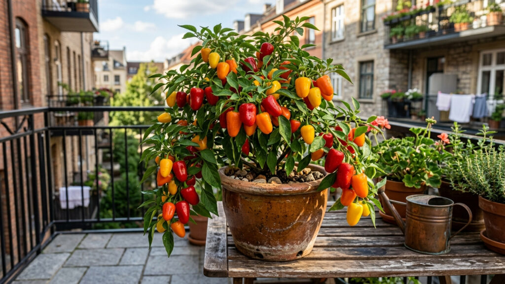 Esse mini-pimentão colorido é doce e não tem ardência: a planta compacta forma uma cascata de frutos e embeleza varandas de apartamentos