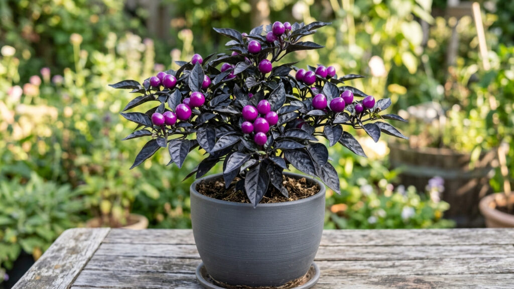 Essa variedade rara de pimenta ornamental decora a casa com frutos em tom roxo-neon e resiste com vigor a ondas extremas de calor