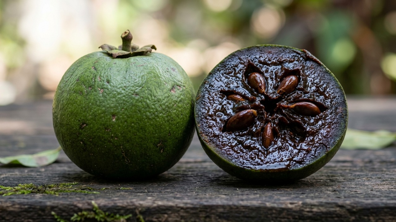 Quem olha pensa que é um tomate verde, mas esta fruta guarda uma polpa escura e cremosa com sabor de sobremesa de chocolate e caramelo