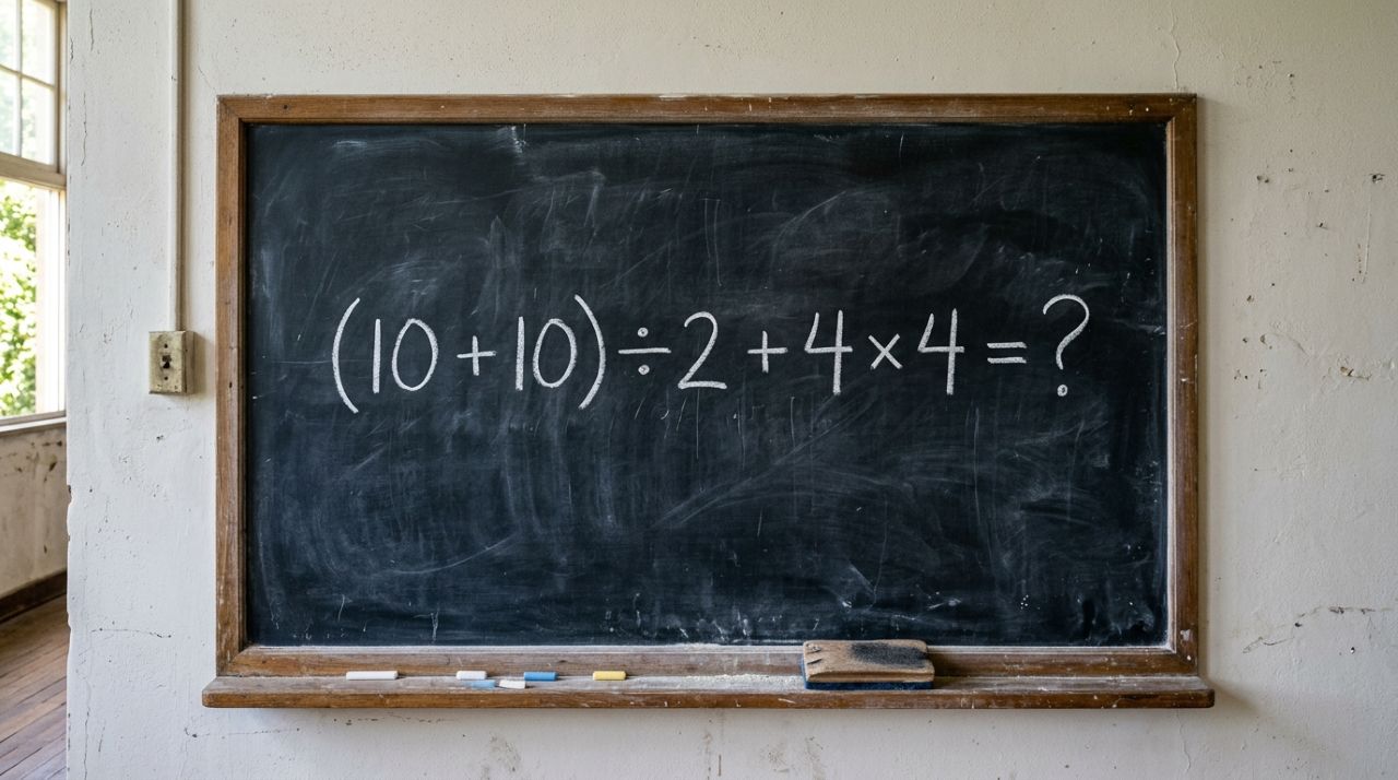 A maioria começa pela parte errada: (10 + 10) ÷ 2 + 4 × 4