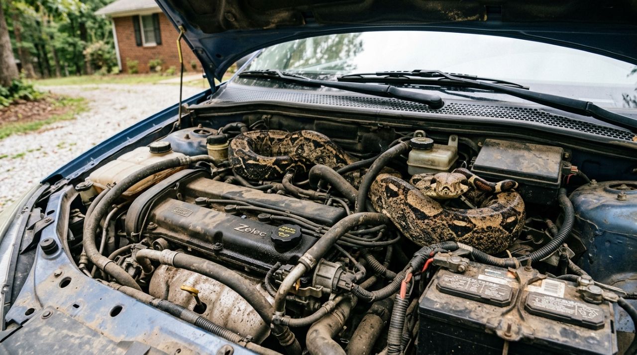 Mulher vê uma “mangueira suja” debaixo do capô do carro, mas leva um susto quando ela se vira e olha diretamente para ela