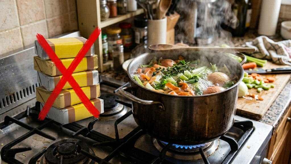 Ferver cascas e talos de legumes com água na panela: o caldo caseiro nutritivo de custo zero que substitui cubos industriais cheios de sódio