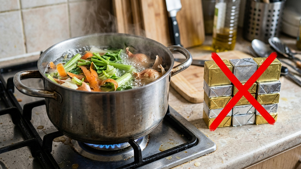 Ferver cascas e talos de legumes com água na panela: o caldo caseiro nutritivo de custo zero que substitui cubos industriais cheios de sódio