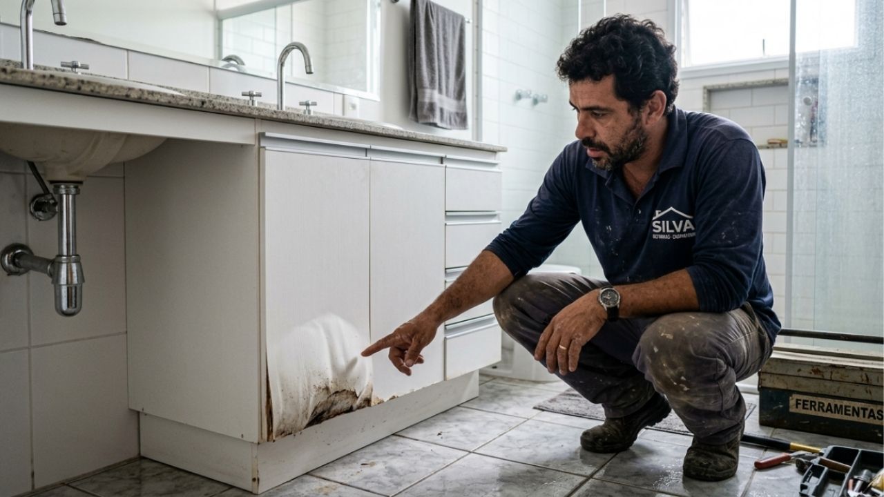 Marceneiro que monta móveis planejados há anos repete o mesmo alerta: o MDF comum não tem resistência à água e fatalmente vai inchar perto da pia, dobradiças precisam de regulagem periódica para a porta não raspar na base, parafusos apertados com força excessiva espanam o miolo da chapa, e é sempre a falta de esquadro e nivelamento no chão que deforma as gavetas com o passar do tempo