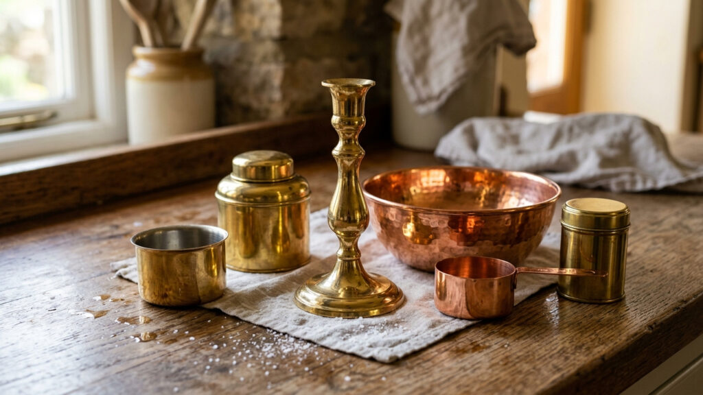 Misturar sal fino com vinagre branco: a solução limpadora caseira que devolve o brilho espelhado e remove a oxidação de peças de latão e cobre