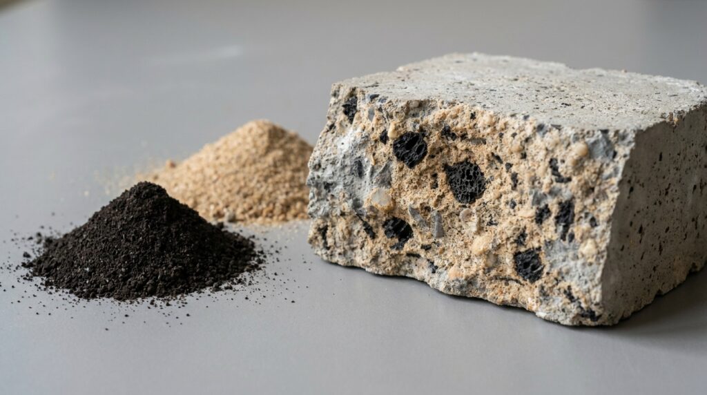 Os restos de café usados foram carbonizados a 350 graus Celsius até se tornarem um biochar similar ao carvão. Esse material substituiu 15 por cento da areia em volume em uma mistura de concreto, e o concreto resultante teve uma resistência à compressão 29,3 por cento maior do que a mistura de controle