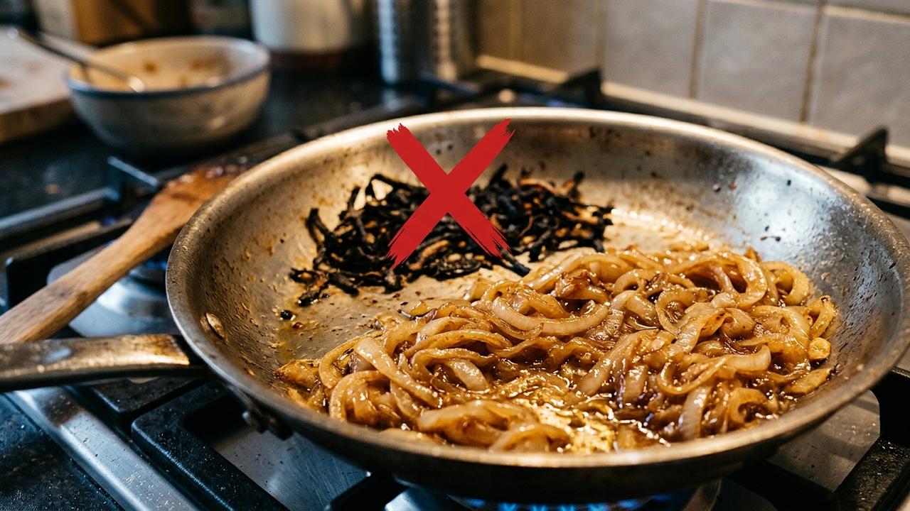 Cebola caramelizada em 5 minutos: o truque químico de uma pitada de bicarbonato de sódio para acelerar o processo na frigideira sem queimar