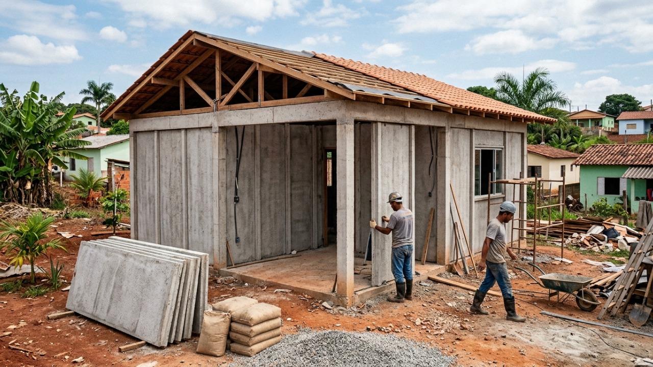 Construir uma casa com placas pré-moldadas pode sair mais barato: neste projeto, só as placas custaram R$ 7.900 e a montagem levou cerca de 30 dias