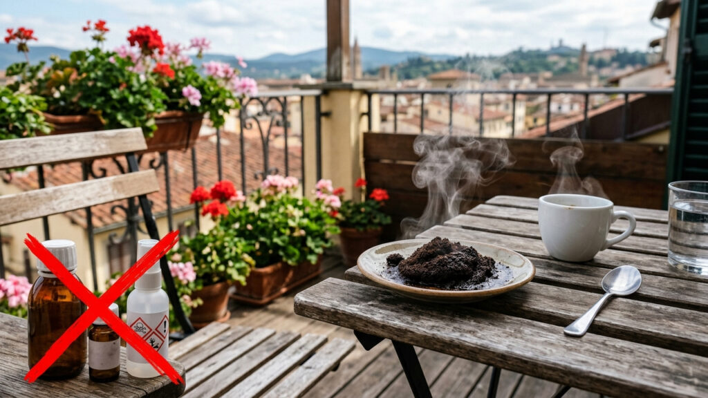 Sem inseticida químico, nem venenos: a melhor forma de repelir pernilongos queimando borra de café seca em um pires na varanda de casa
