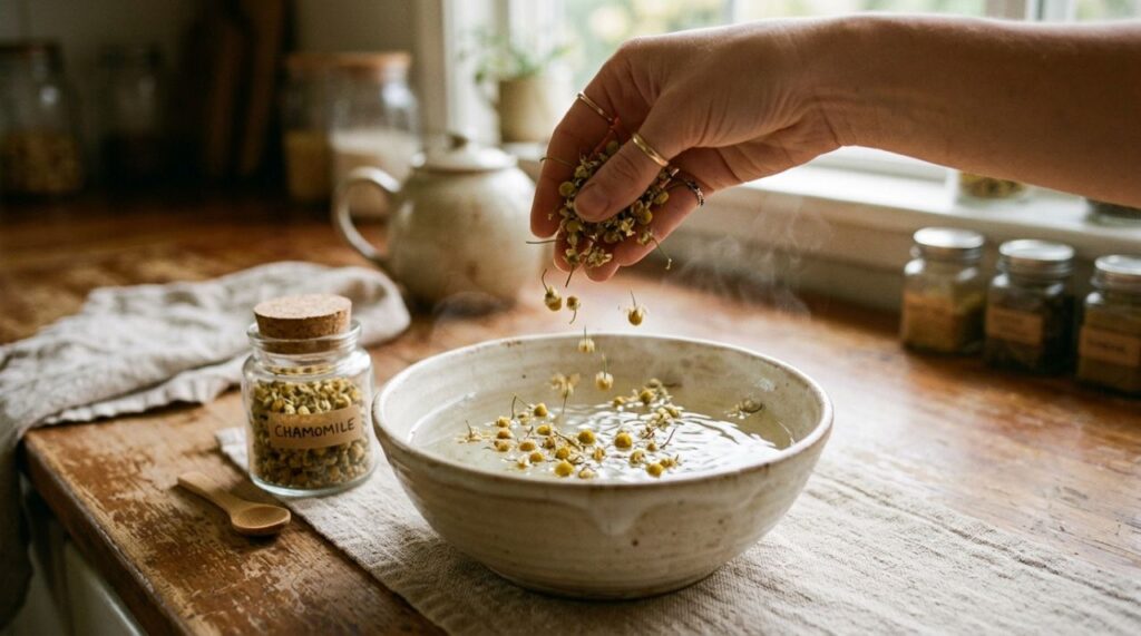 Um pouco de camomila na bacia com água morna: para que serve esse hábito e por que ele pode trazer sensação de relaxamento aos pés