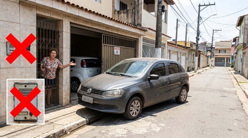 Vizinho estaciona todo dia em frente à garagem da moradora ao lado e exige que ela toque a campainha para pedir que ele saia, até descobrir que a manobra é infração de R$ 130 com 4 pontos e guincho na hora