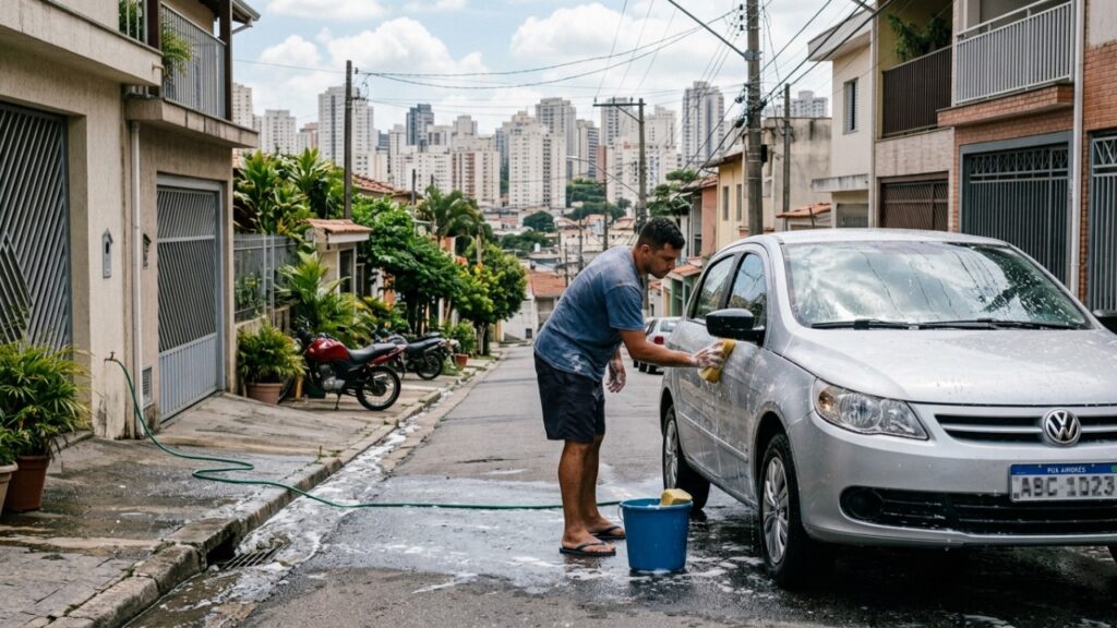 Morador decide economizar lavando o carro na rua de casa, mas descobre que a prática é infração municipal e tem multa com valor-base de R$ 250