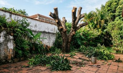 Casal volta de duas semanas de férias e encontra a mangueira de 30 anos do quintal podada rente pelo vizinho, que culpa as folhas no telhado dele