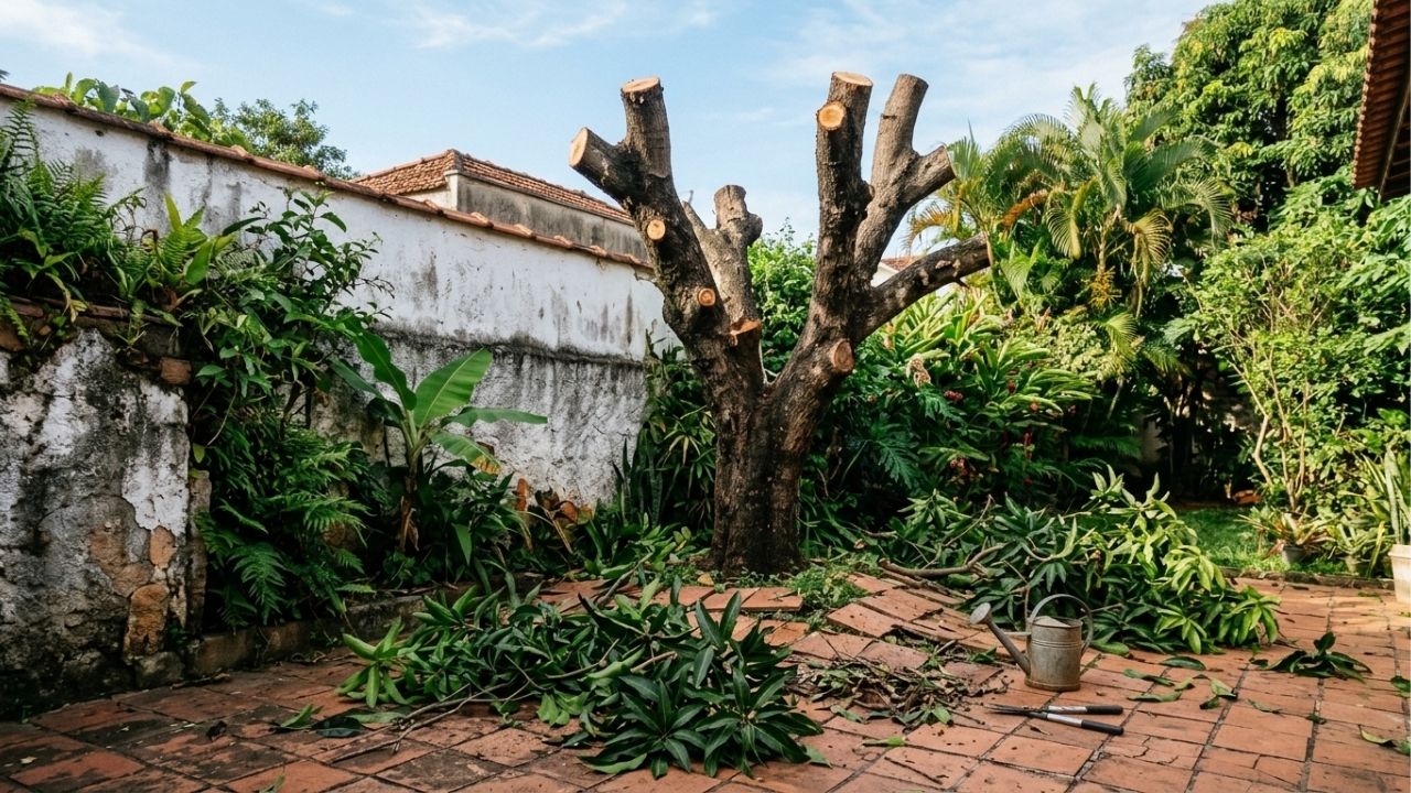 Casal volta de duas semanas de férias e encontra a mangueira de 30 anos do quintal podada rente pelo vizinho, que culpa as folhas no telhado dele