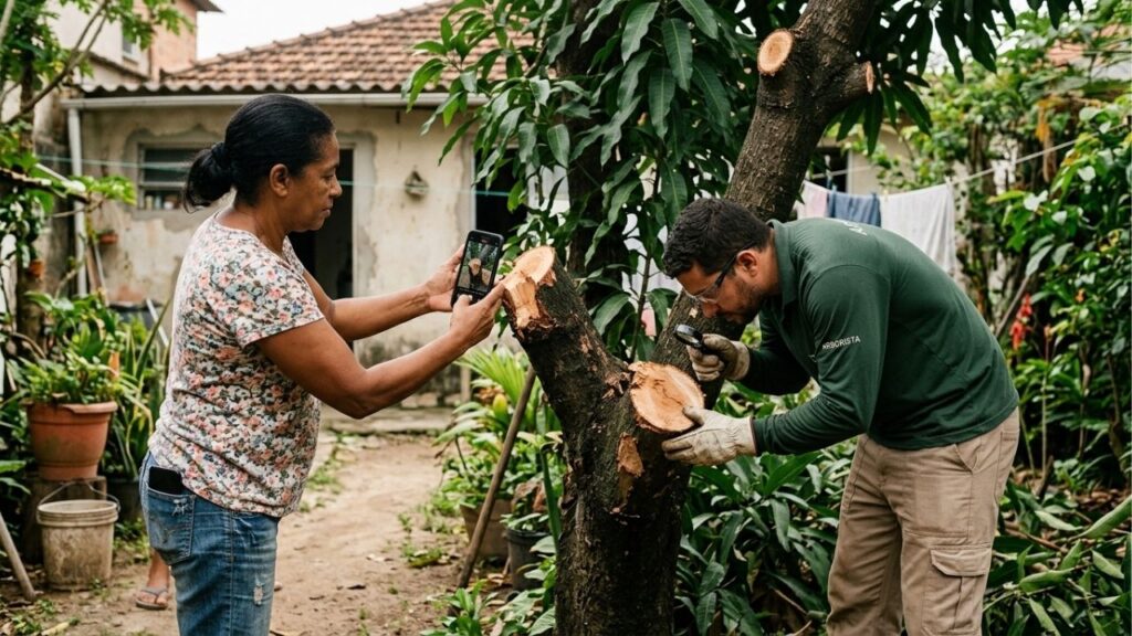 Casal volta de duas semanas de férias e encontra a mangueira de 30 anos do quintal podada rente pelo vizinho, que culpa as folhas no telhado dele