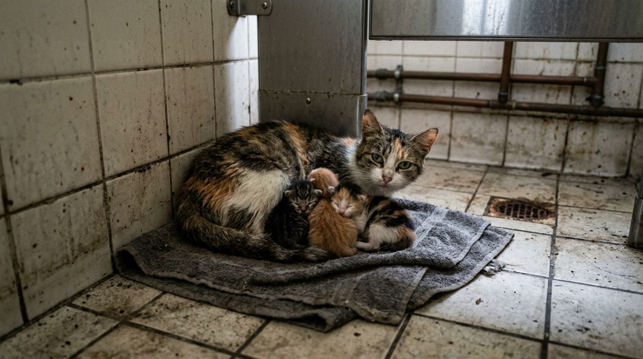 Gata de rua dá à luz em banheiro público e transforma local inesperado em lar para seus filhotes