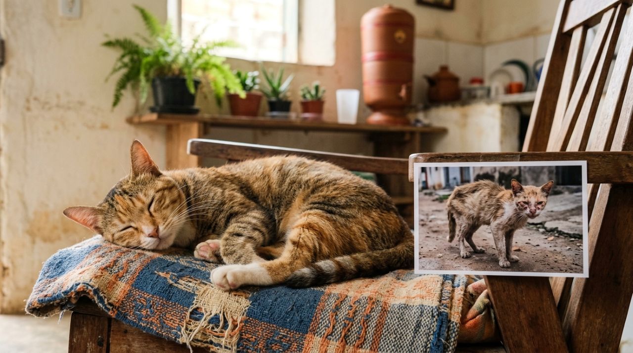 Gato de rua estava tão coberto por crostas que quase não dava para reconhecer seu rosto antes do resgate que mudou sua vida