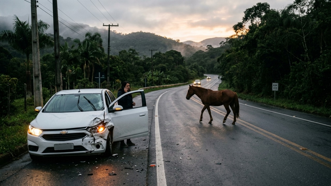 Cavalo foge durante a madrugada e causa prejuízo de R$ 90 mil em carro na estrada, mas dono pode responder mesmo sem estar no local
