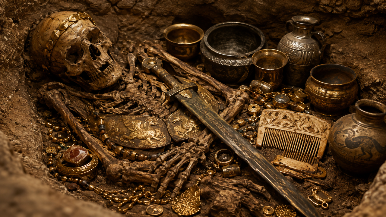 Túmulo de um guerreiro de 3.500 anos na Grécia surpreendeu com mais de 1.400 objetos de ouro, armas e joias