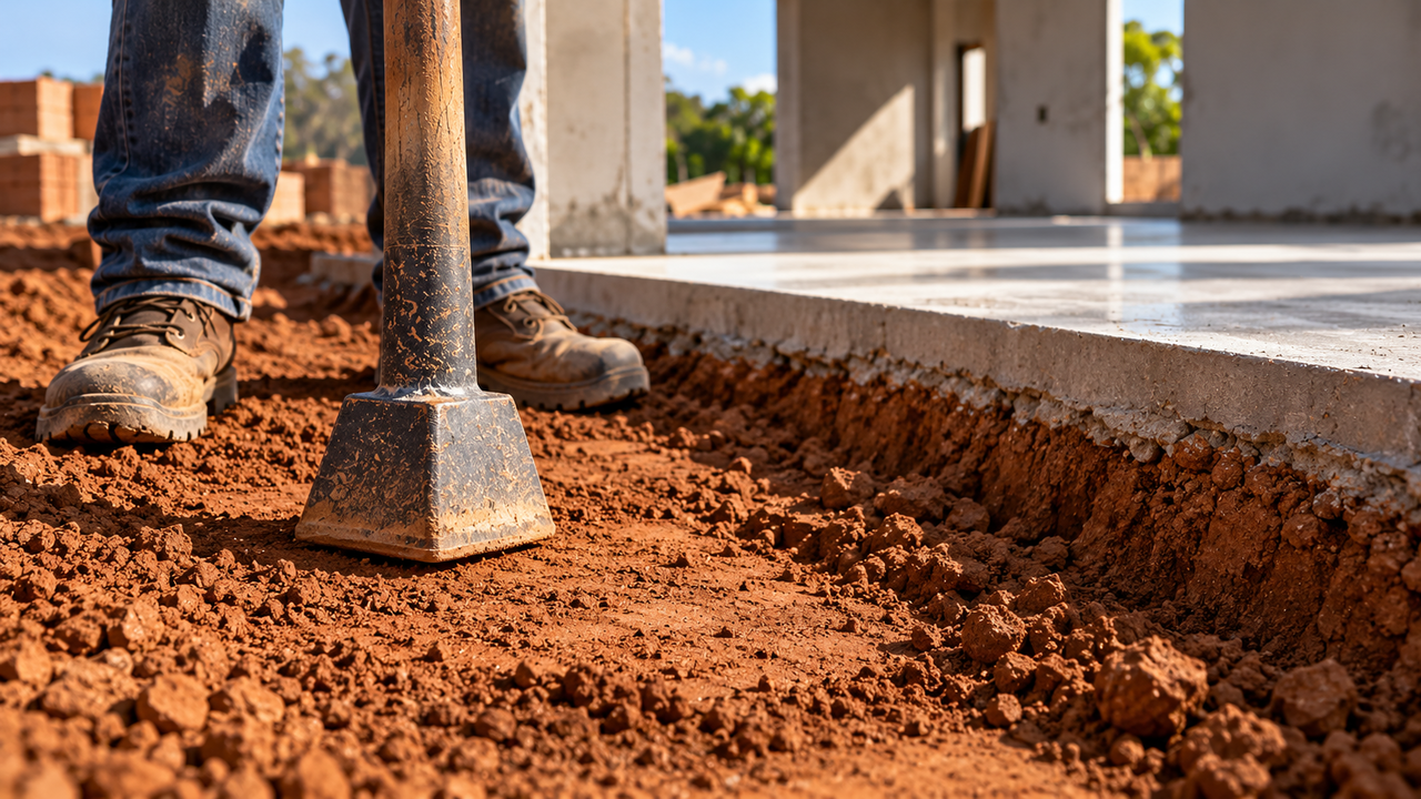 Piso pode afundar por um erro cometido antes mesmo do contrapiso: mestre de obras explica por que compactar o solo é essencial em terrenos com aterro ou material solto e como a etapa ajuda a evitar recalques